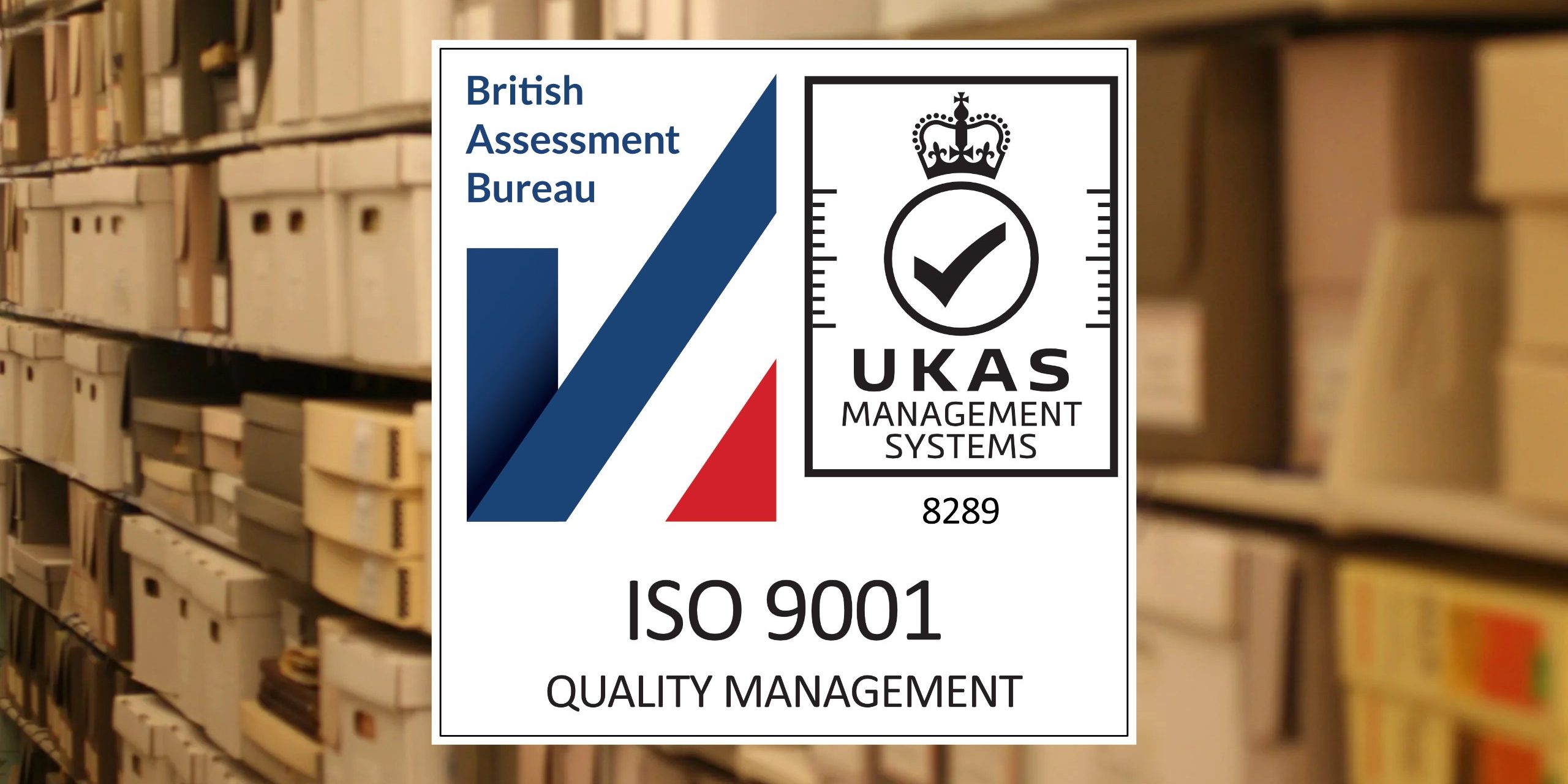 iso 9001 ukas logo with boxes in the background